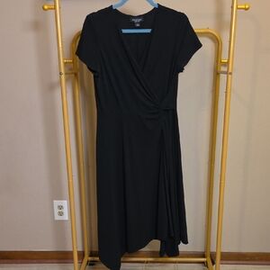 Perceptions Black Faux-Wrap Midi Dress Short Sleeves